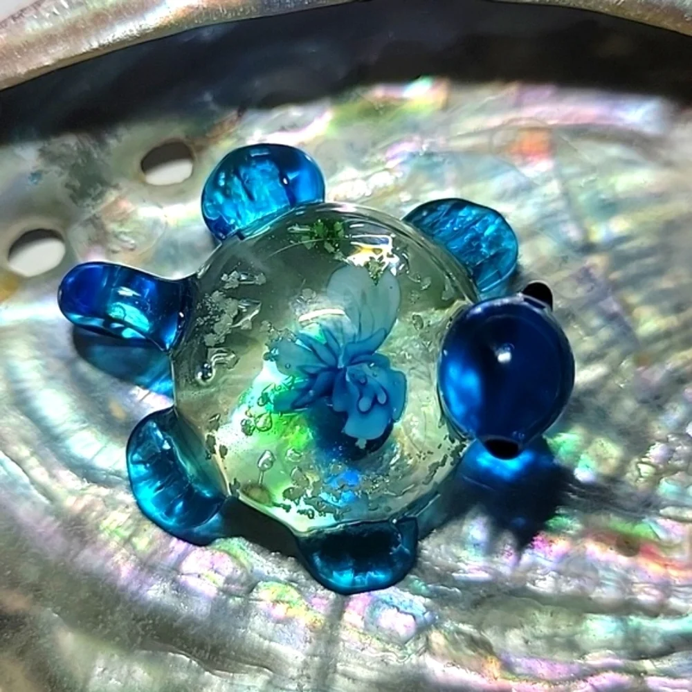 NEW Handcrafted Blown Art Glass Turtle Charm Pendant Floral with Luminous Specks